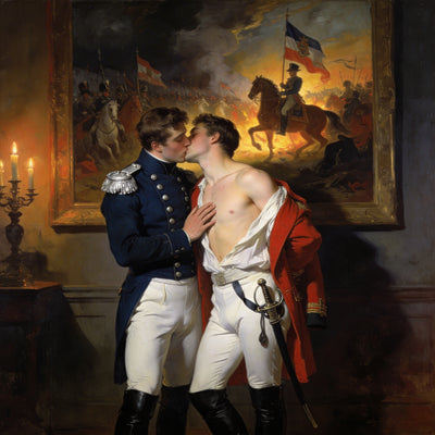 Gay Art – Zwei preußische Offiziere beim Liebesspiel, Kerzenlicht, historisches Ölgemälde im Stil von Tischbein, Preußen 1760