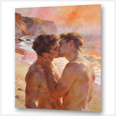Zwei schwule Twinks küssen sich am Strand – Joaquín Sorolla-Stil – warmes Licht, wilde Wellen – Gay Love Wandbild