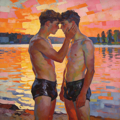 Zwei Männer vor dem Kuss, Sonnenuntergang am See, Macke Signac Stil, Pointillismus Lichtreflexe