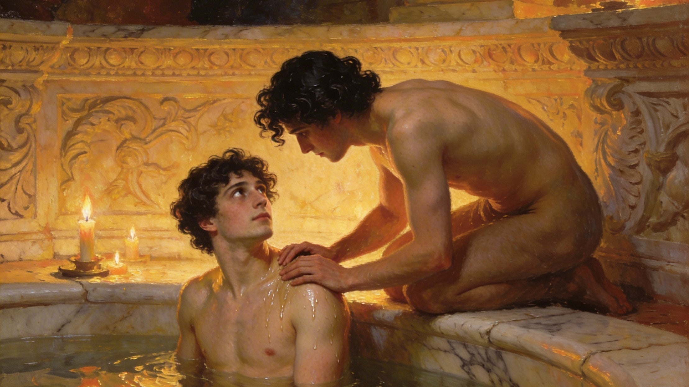 Gay Art Wandbild - Schwule Sehnsucht im antiken Bad - Kunstdruck im Solomon Stil