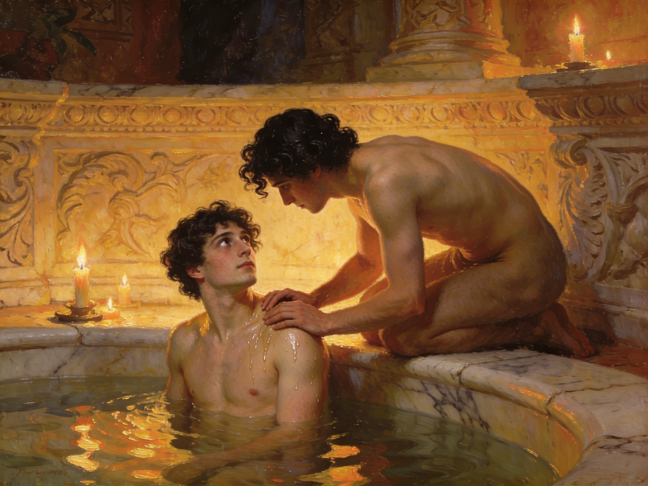 Gay Art Wandbild - Schwule Sehnsucht im antiken Bad - Kunstdruck im Solomon Stil