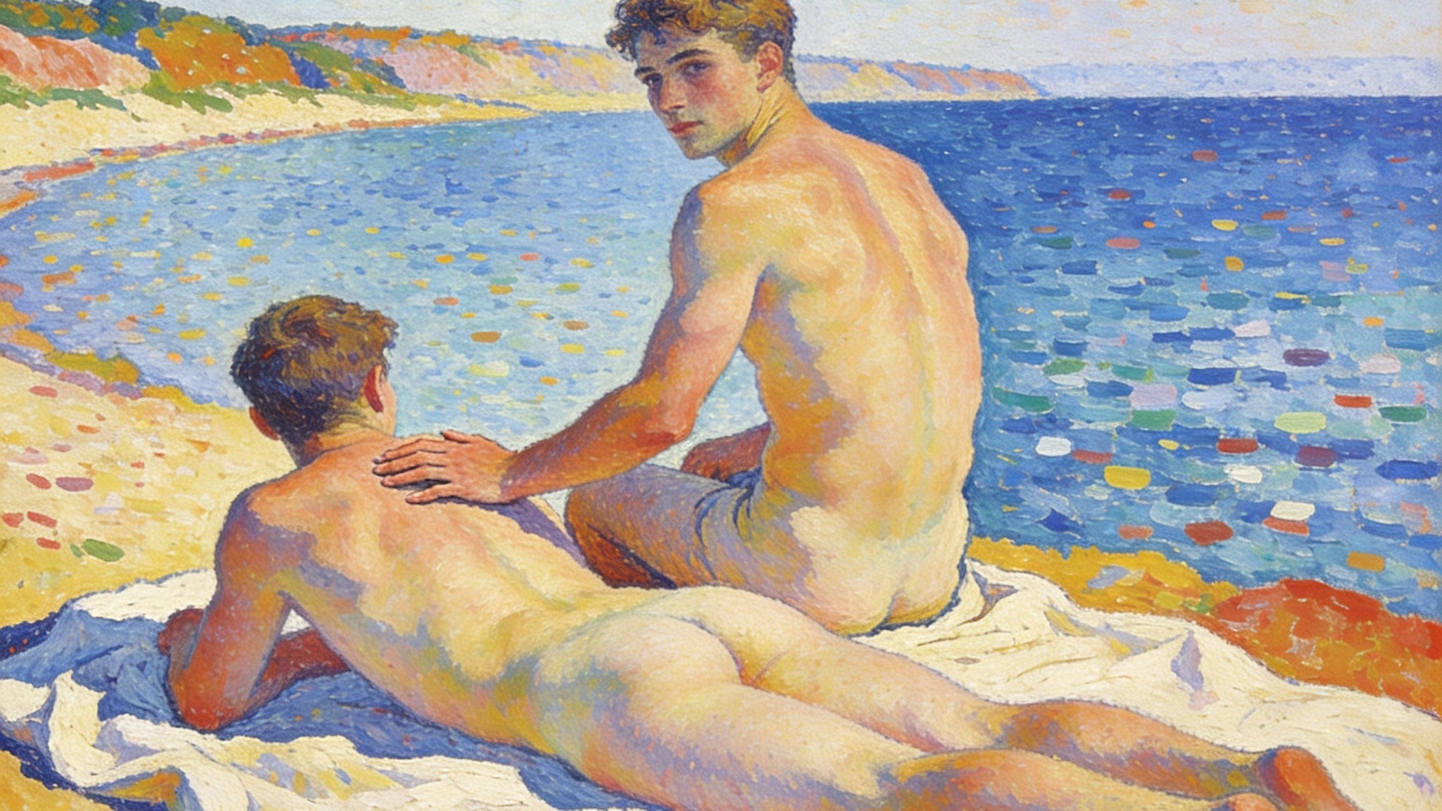 Schwul und nackt am Blauen See - Gay Fine Art Serie im Stil von August Macke