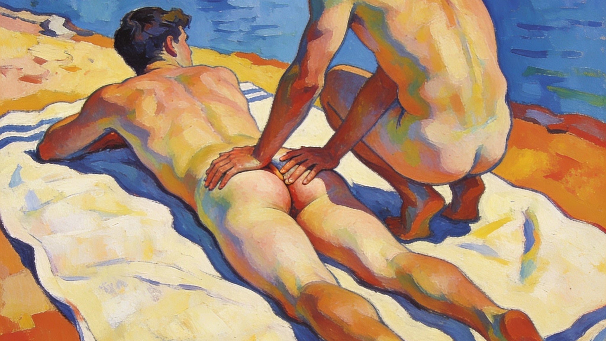 Nackte schwule Männer am See, einer greift nach dem Arsch, Lust auf Rimming