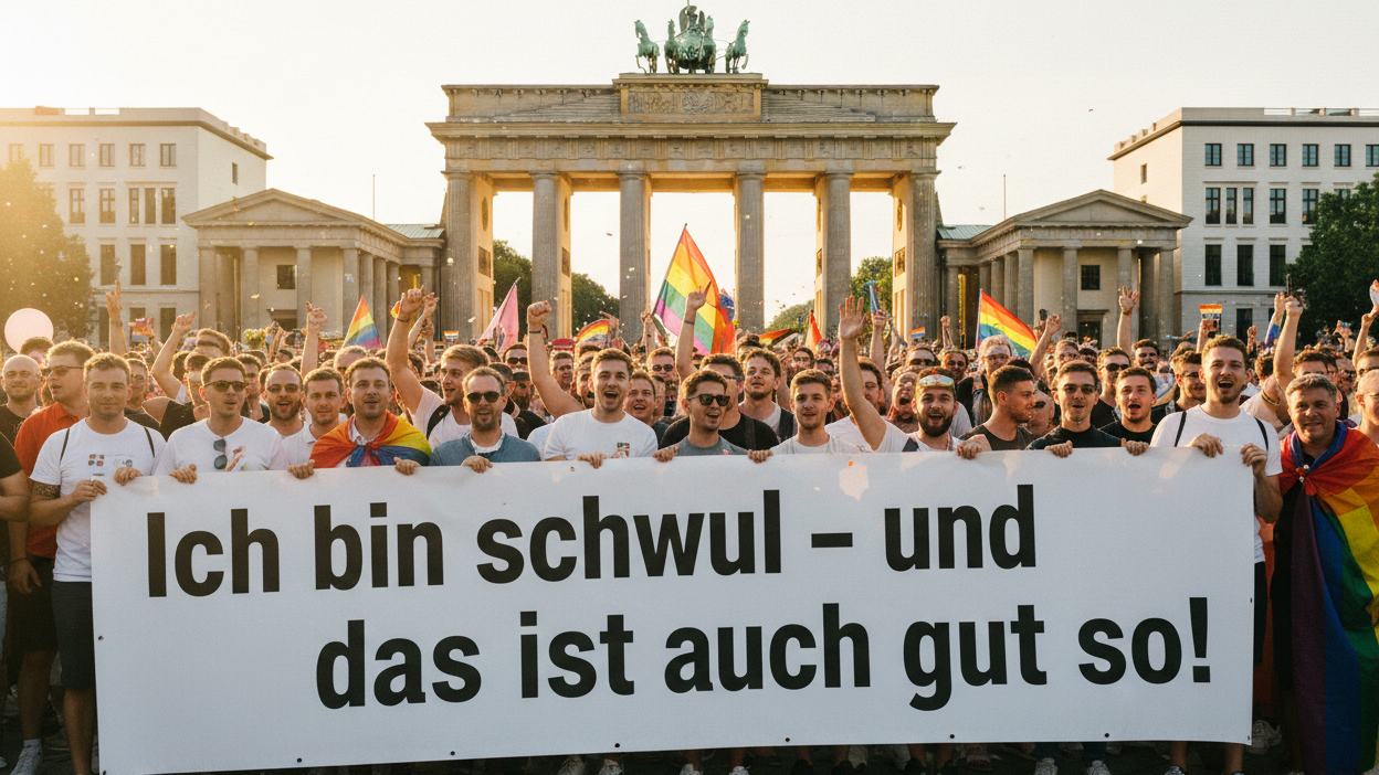 Gay Pride Berlin – Transparent mit Klaus Wowereits Zitat „Ich bin schwul – und das ist auch gut so!" vor dem Brandenburger Tor