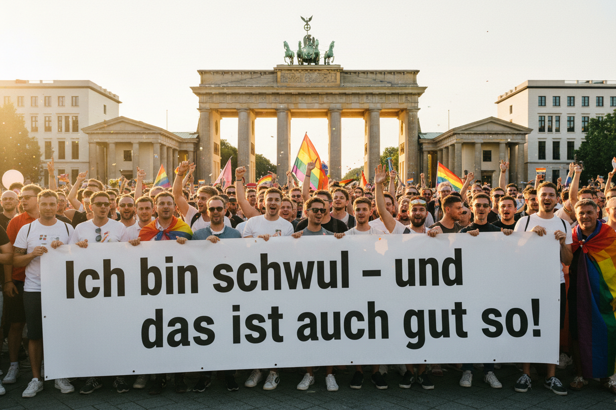 Gay Pride Berlin – Transparent mit Klaus Wowereits Zitat „Ich bin schwul – und das ist auch gut so!" vor dem Brandenburger Tor