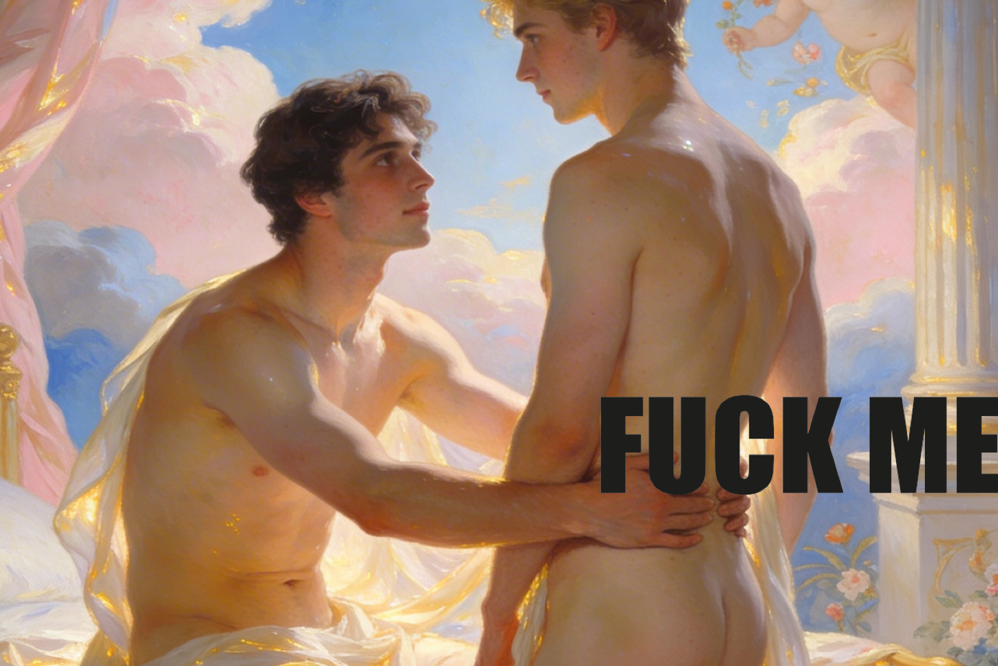 Zwei Männer wie Engel im Paradies - Zwei Worte: Fuck Me öffnet das Paradies - Ein provokantes Poster