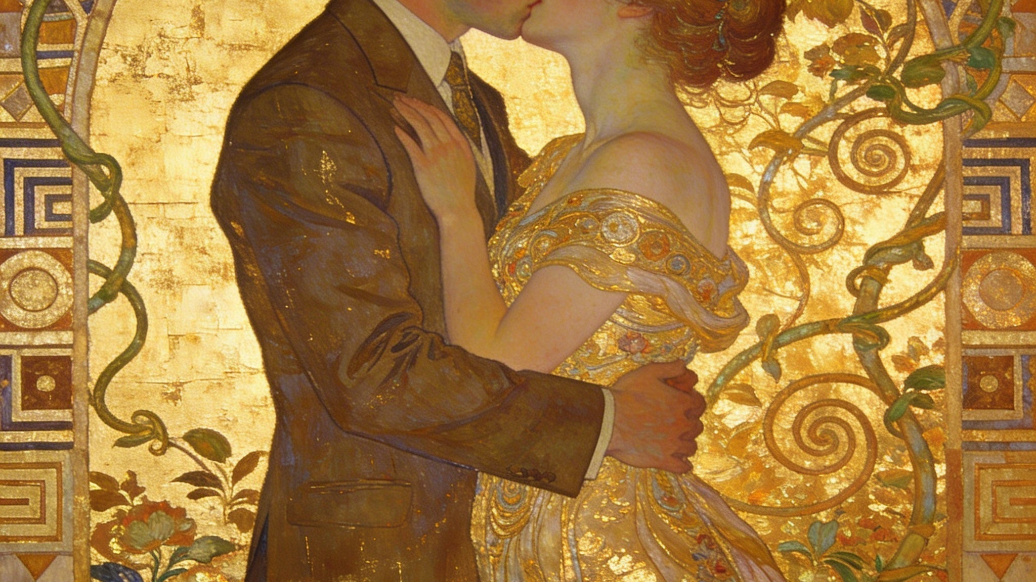 Liebespaar im Klimt-Stil vor goldenem Hintergrund – Darstellung von Liebe und Verschmelzung