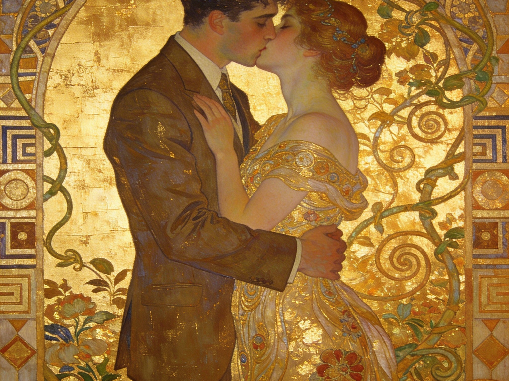 Liebespaar im Klimt-Stil vor goldenem Hintergrund – Darstellung von Liebe und Verschmelzung