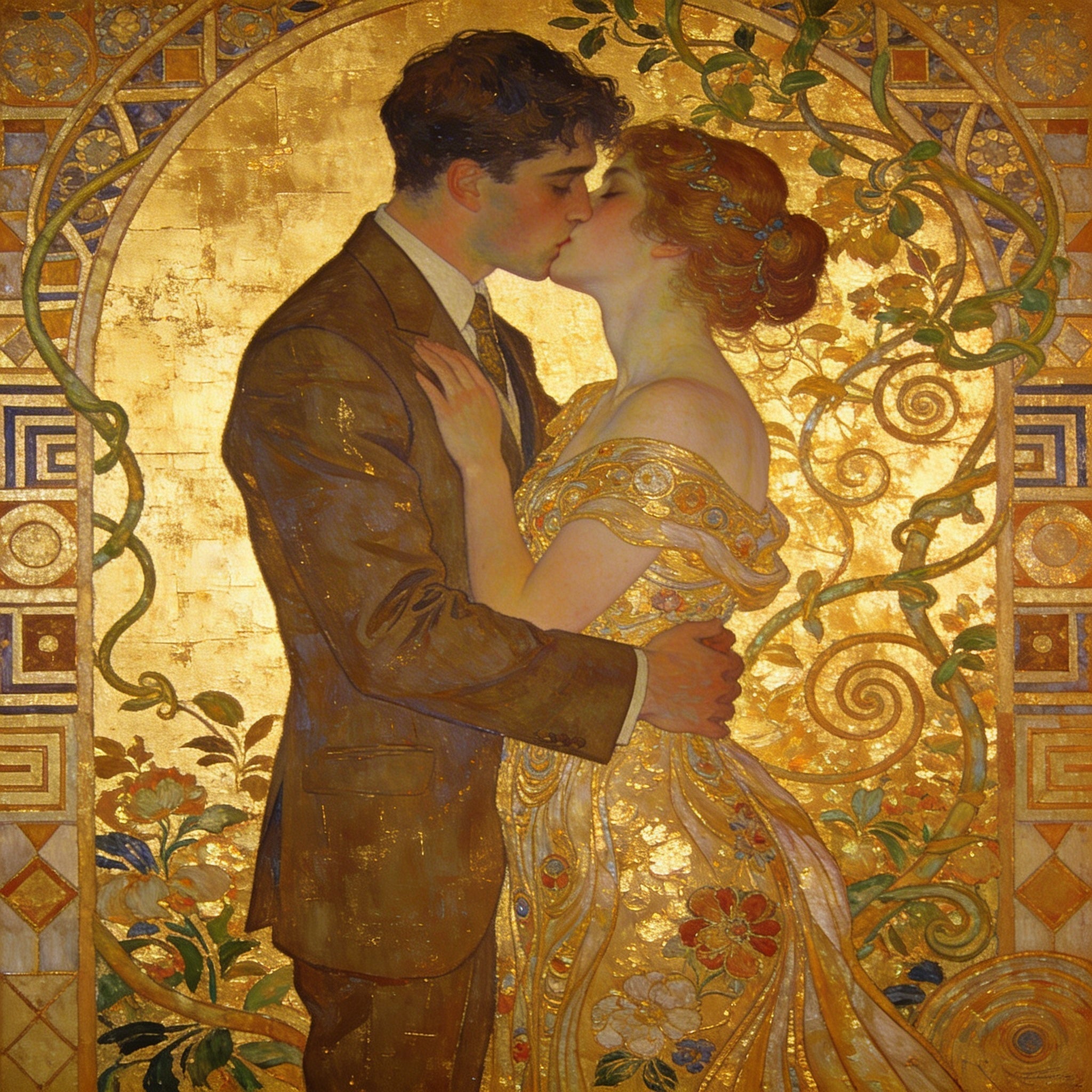 Liebespaar im Klimt-Stil vor goldenem Hintergrund – Darstellung von Liebe und Verschmelzung