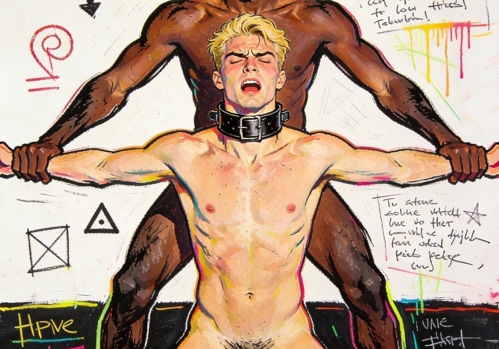 Jean Michel Basquiat Hommage Gemälde – unzensierte Gay Sex Art und schwule Kunst im Neoexpressionismus Stil