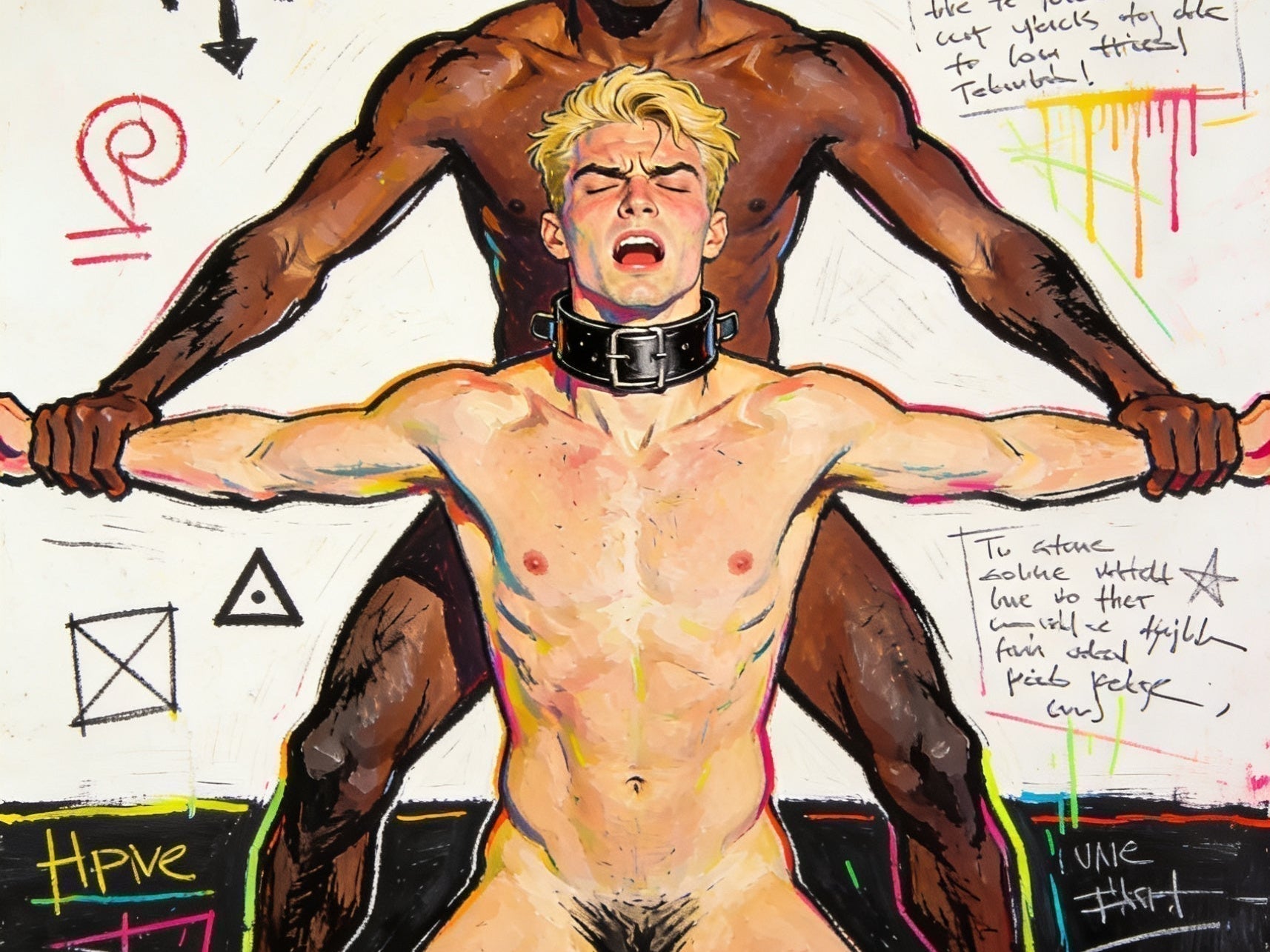Jean Michel Basquiat Hommage Gemälde – unzensierte Gay Sex Art und schwule Kunst im Neoexpressionismus Stil