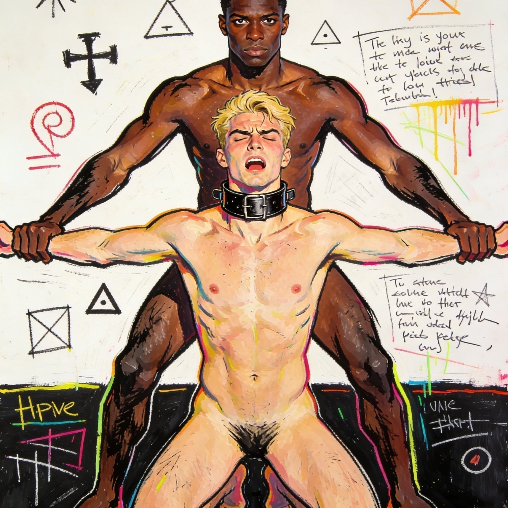 Jean Michel Basquiat Hommage Gemälde – unzensierte Gay Sex Art und schwule Kunst im Neoexpressionismus Stil