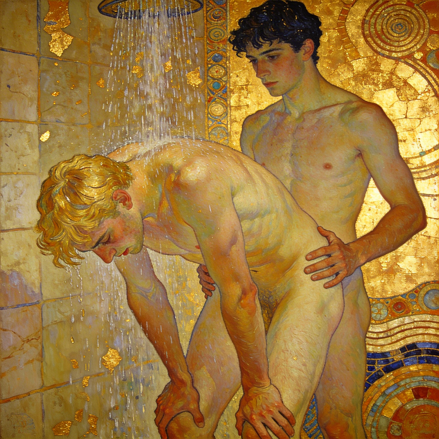 Zwei nackte schwule Männer beim Analsex unter der Dusche, umgeben von Goldflächen, Spiralen und Mosaikornamenten. Gay-Art-Wandbild, inspiriert von Gustav Klimts Malerei.