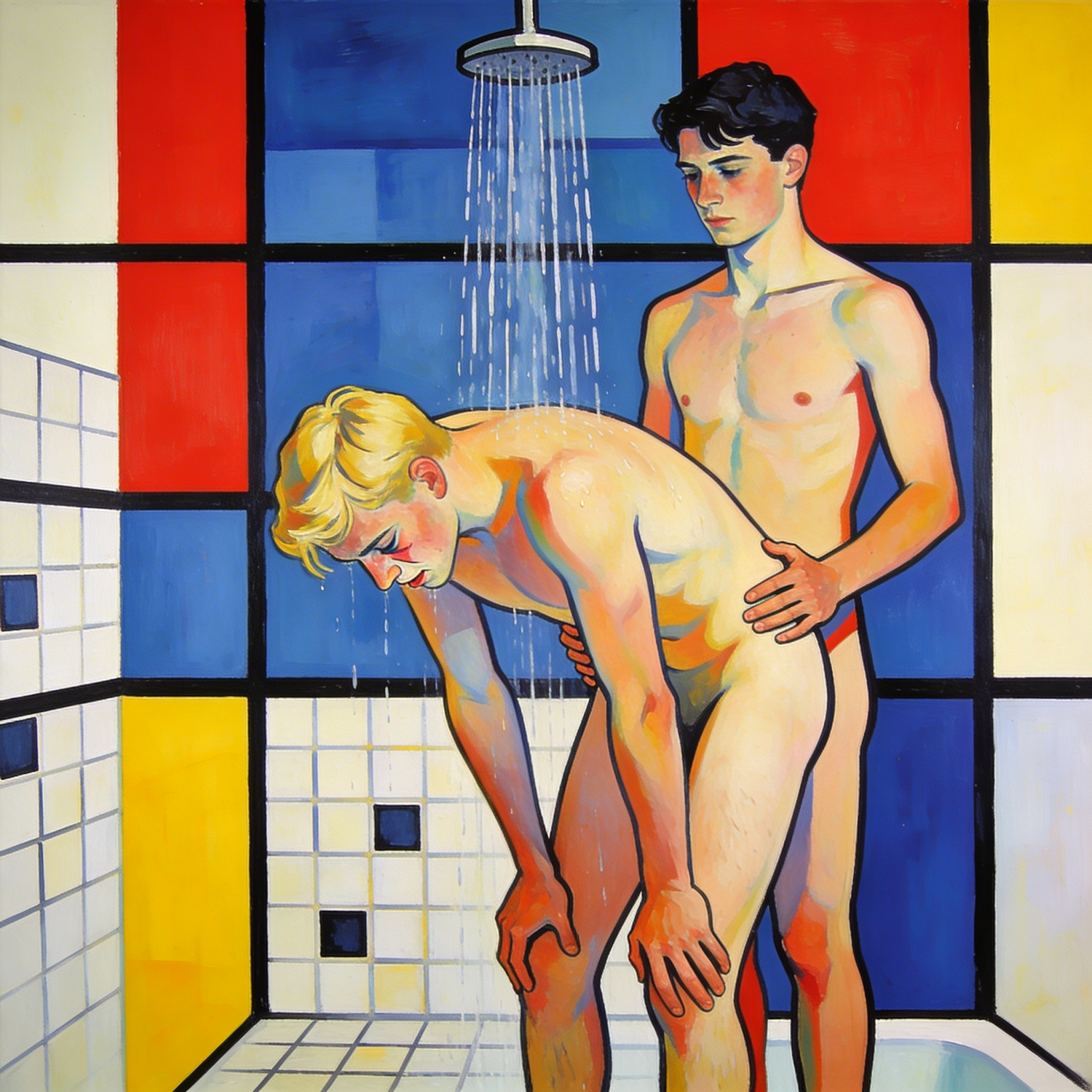 Gay-Art-Wandbild mit zwei schwulen Männern beim Analsex unter der Dusche. Schwarze Linien und Flächen in Rot, Gelb und Blau greifen Piet Mondrians geometrische Bildsprache auf.