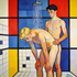 Gay-Art-Wandbild mit zwei schwulen Männern beim Analsex unter der Dusche. Schwarze Linien und Flächen in Rot, Gelb und Blau greifen Piet Mondrians geometrische Bildsprache auf.