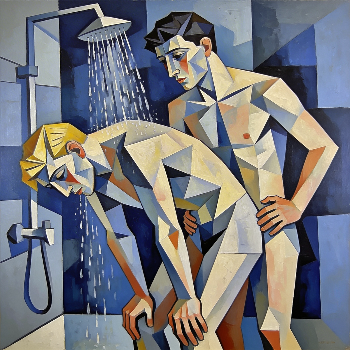 Zwei schwule Männer beim Analsex unter der Dusche, dargestellt mit kantig zerlegten Körpern und facettierten Gesichtern. Gay-Art-Wandbild in einer von Picassos Kubismus inspirierten Bildsprache, in Blau-, Grau- und Hauttönen.