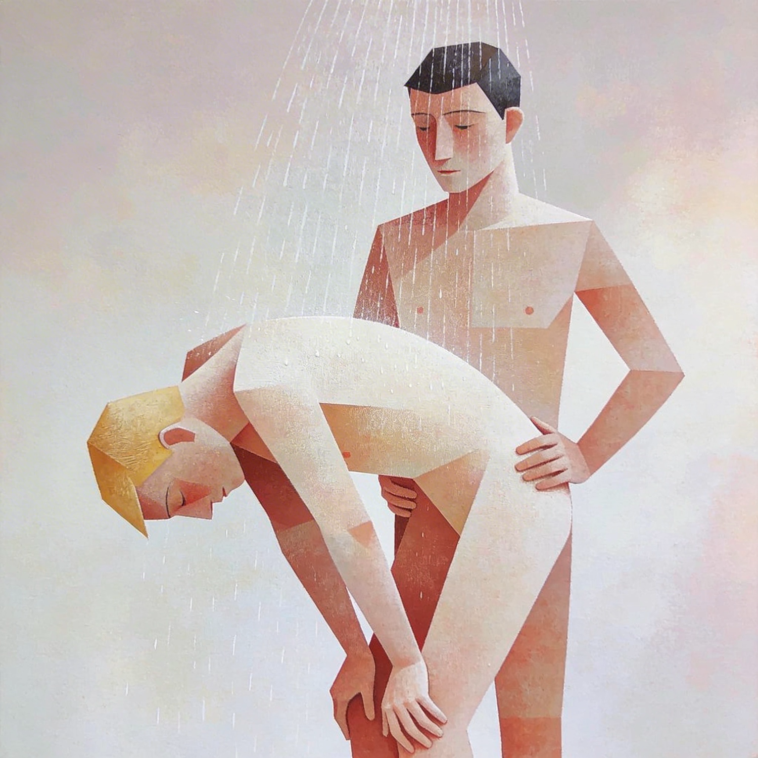 Zwei schwule Männer beim Analsex unter der Dusche, gestaltet aus hellen geometrischen Farbflächen. Die kantigen Figuren mit geschlossenen Augen wirken wie aus Balsaholz gesägt. Gay-Art-Wandbild, inspiriert von Paul Klee.