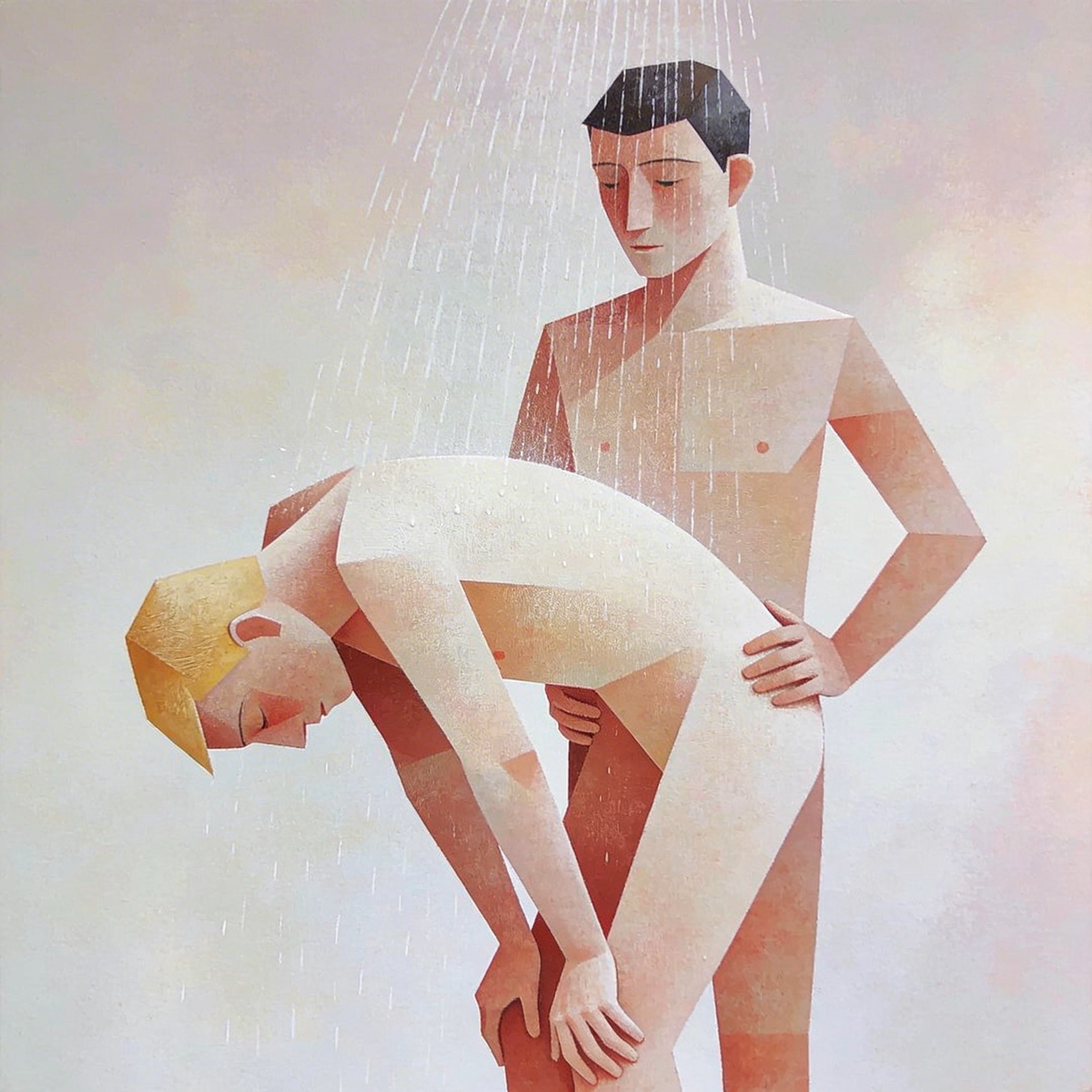 Zwei schwule Männer beim Analsex unter der Dusche, gestaltet aus hellen geometrischen Farbflächen. Die kantigen Figuren mit geschlossenen Augen wirken wie aus Balsaholz gesägt. Gay-Art-Wandbild, inspiriert von Paul Klee.