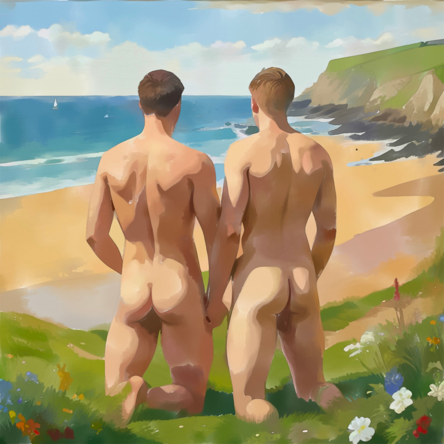Gay Art Wandbild: Zwei nackte Männer knien Händchen haltend auf einer blühenden Wiese am Meer. Rückenansichten vor Sandstrand und grünen Klippen, gemalt in klaren, sonnigen Farbflächen.