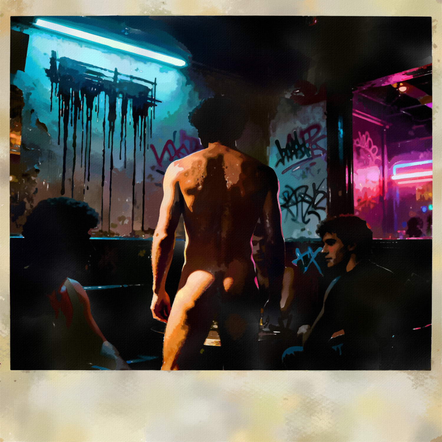 Gay-Art-Wandbild: Ein nackter Mann zeigt seinen Rücken und Arsch vor sitzenden Männern in einem dunklen New Yorker Club. Türkises und pinkes Neonlicht, Graffiti und ein vergilbt wirkender Rand prägen die malerische Szene.
