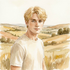 Blonder junger Mann im hellen T-Shirt vor einer weiten Hügellandschaft. Sein leichtes Lächeln und der direkte Blick wirken verführerisch. Zartes Aquarell in warmen Creme-, Gold- und Olivtönen, das Mann und Landschaft verbindet.