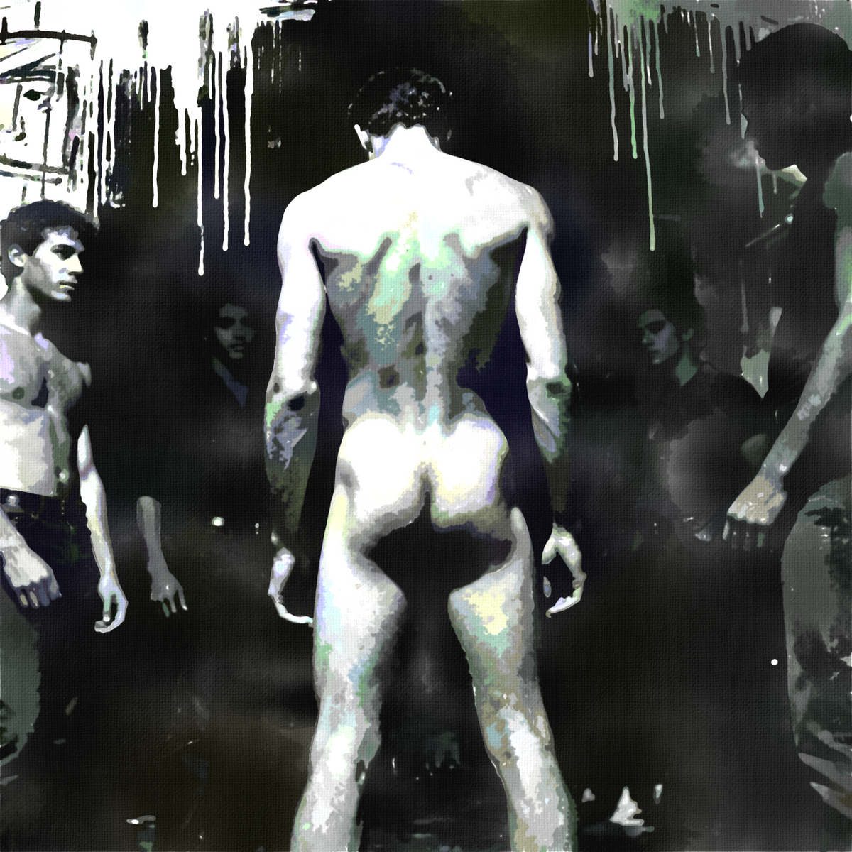 Gay-Art-Wandbild zu „Dressed men, naked man“: Ein nackter Mann zeigt Rücken und Arsch, umringt von Männern in dunklen Hosen, einige mit freiem Oberkörper. Raue, fast schwarzweiße Malerei mit herablaufender Farbe am oberen Bildrand.