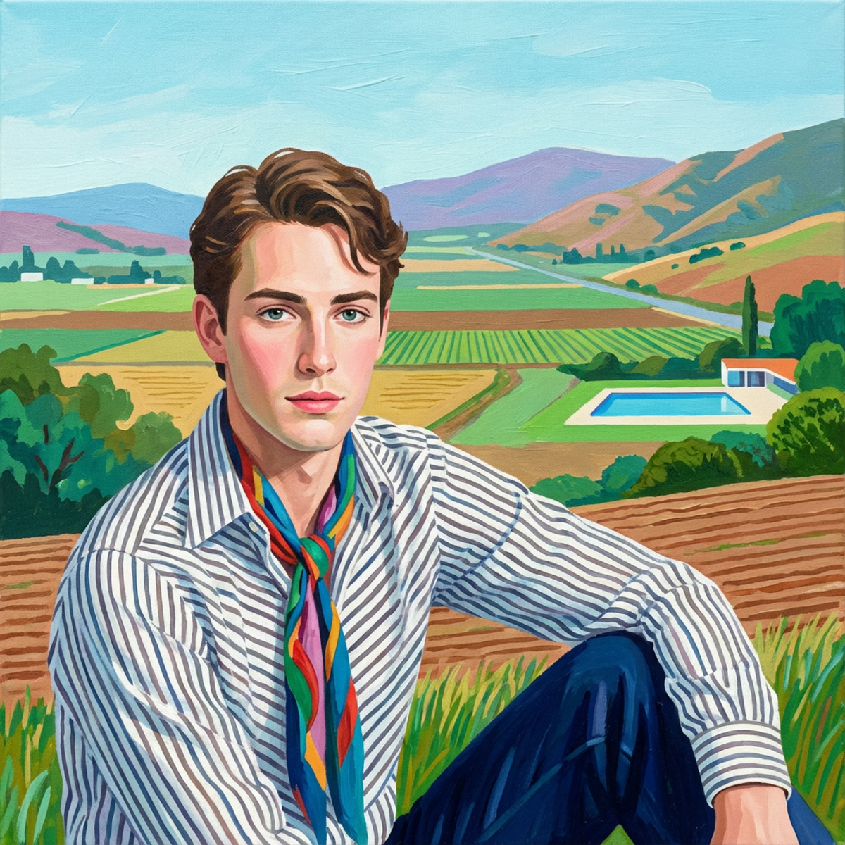 Junger Mann im gestreiften Hemd mit buntem Halstuch vor einer toskanischen Landschaft. Sein herausfordernder Blick trifft den Betrachter. Ein türkisblauer Pool und klare, leuchtende Farbflächen erinnern an David Hockney.