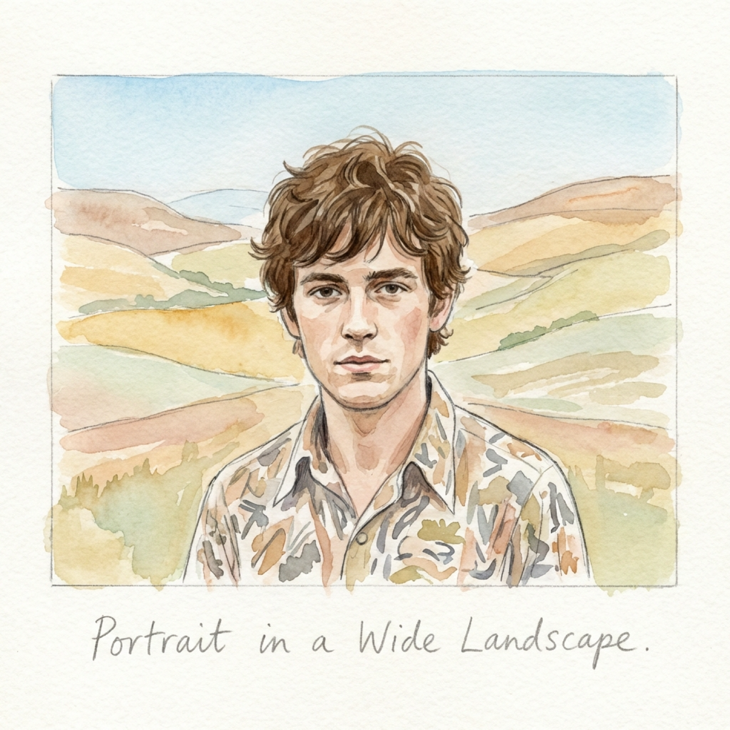 Zartes Aquarell eines jungen Mannes mit gewelltem braunem Haar und gemustertem Hemd vor sanften Hügeln. Warme Beige-, Grün- und Rosatöne verbinden Porträt und Landschaft. Darunter die Handschrift „Portrait in a Wide Landscape.“