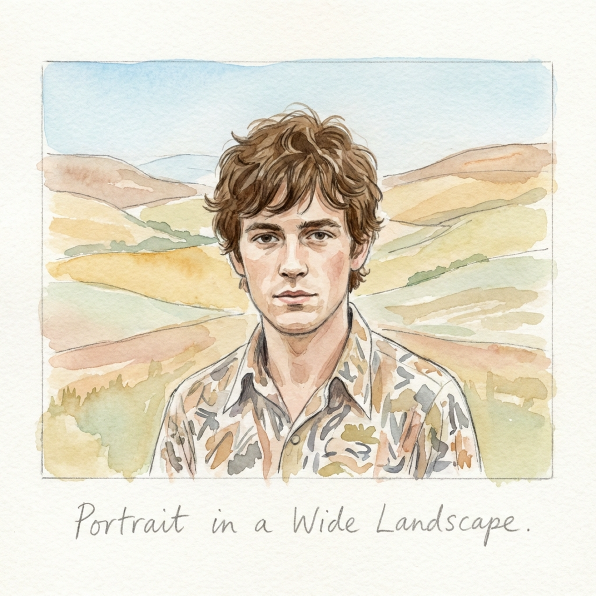 Zartes Aquarell eines jungen Mannes mit gewelltem braunem Haar und gemustertem Hemd vor sanften Hügeln. Warme Beige-, Grün- und Rosatöne verbinden Porträt und Landschaft. Darunter die Handschrift „Portrait in a Wide Landscape.“