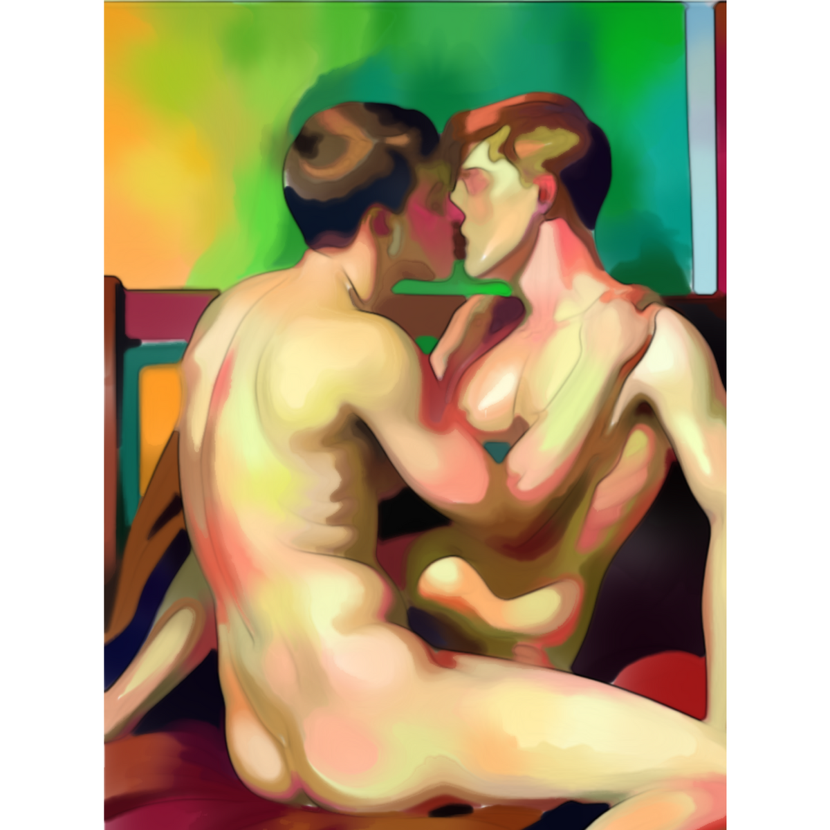 Gay Art Wandbild: Zwei nackte Männer küssen und umarmen sich auf einem Sofa. Vereinfachte Körperformen und leuchtende Flächen in Grün, Gelb und Rot greifen die Bildsprache von Henri Matisse auf.