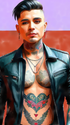 Gay Art Wandbild: Männerporträt mit offener schwarzer Lederjacke, Herz-Tattoo auf dem Bauch und silbernem Schmuck. Leuchtendes Violett und Rotorange rahmen das Gesicht in einer plakativen, malerischen Bildsprache.
