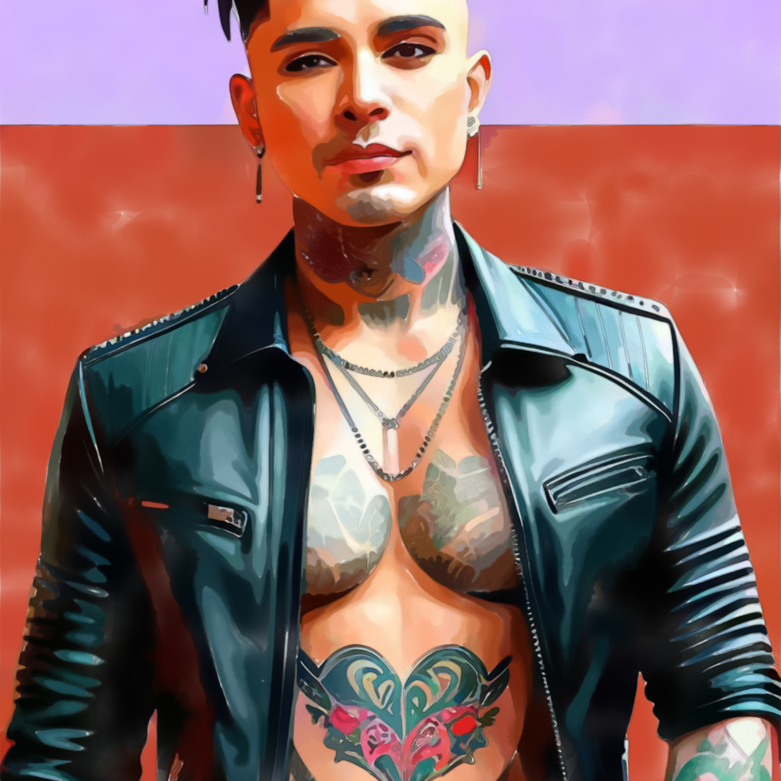 Gay Art Wandbild: Männerporträt mit offener schwarzer Lederjacke, Herz-Tattoo auf dem Bauch und silbernem Schmuck. Leuchtendes Violett und Rotorange rahmen das Gesicht in einer plakativen, malerischen Bildsprache.