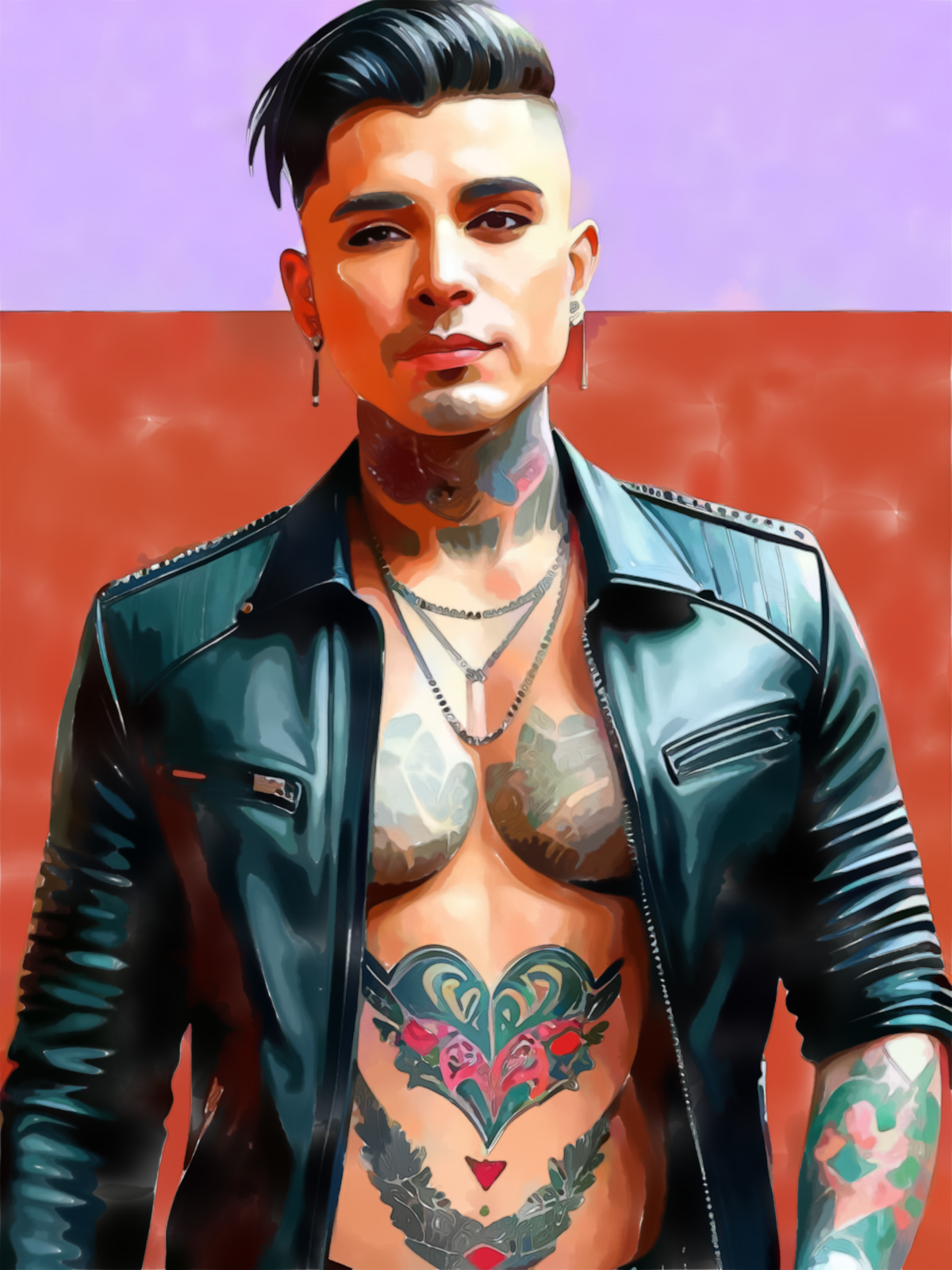 Gay Art Wandbild: Männerporträt mit offener schwarzer Lederjacke, Herz-Tattoo auf dem Bauch und silbernem Schmuck. Leuchtendes Violett und Rotorange rahmen das Gesicht in einer plakativen, malerischen Bildsprache.