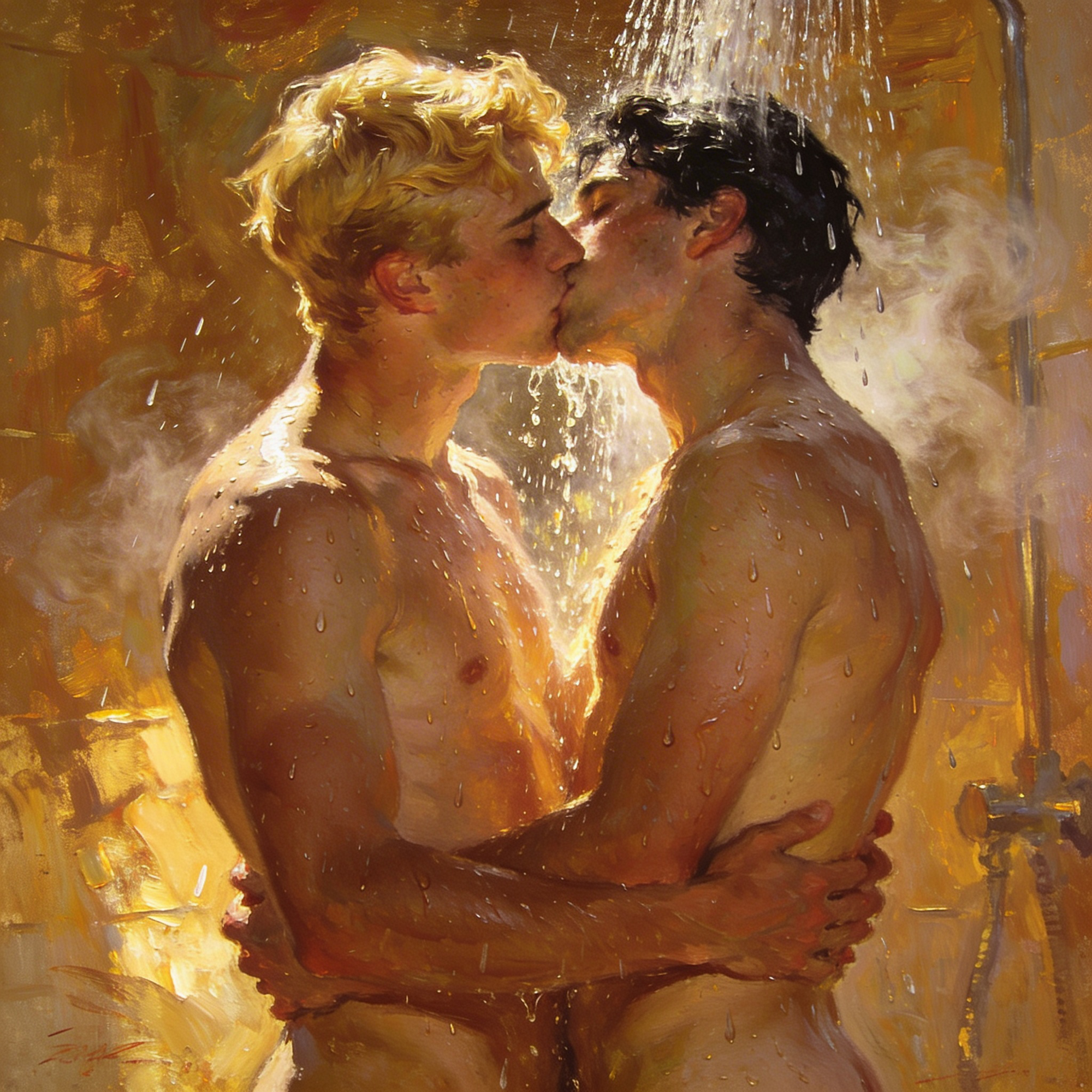 Gay Erotic Art: Zwei nackte schwule Männer küssen und umarmen sich unter der Dusche, Wasser und Dampf im goldenen Licht.
