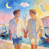 Gay Art im Chagall-Stil: Zwei verliebte schwule Männer gehen Hand in Hand durch Venedig, über ihnen schweben Figuren und ein Herz auf einer Wolke.
