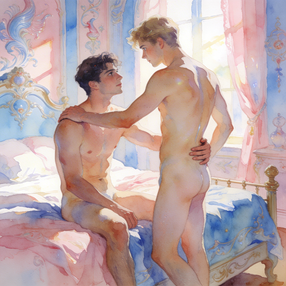 Zwei nackte schwule Männer sehen einander an und berühren sich an Schulter und Taille. Der blonde Mann steht mit sichtbarem Po vor seinem sitzenden Partner im märchenhaften Schlafzimmer in Rosa, Hellblau und Gold.