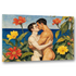 Wandbild in schräger Produktansicht mit Schatten: Zwei nackte Männer beim Kuss am Meer, umrahmt von roten und gelben Blüten, im Gauguin-Stil.