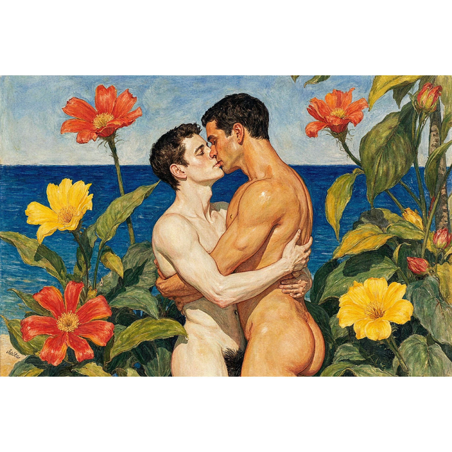 Zwei nackte Männer küssen und umarmen sich vor tiefblauem Meer, zwischen großen roten und gelben Blüten. Schwule Südseeromantik im Gauguin-Stil.