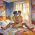 Zwei nackte Männer sitzen eng umschlungen auf einem Bett und küssen einander. Morgenlicht und Wandmotive mit Chagall-Anklängen prägen das farbenreiche Schlafzimmer.