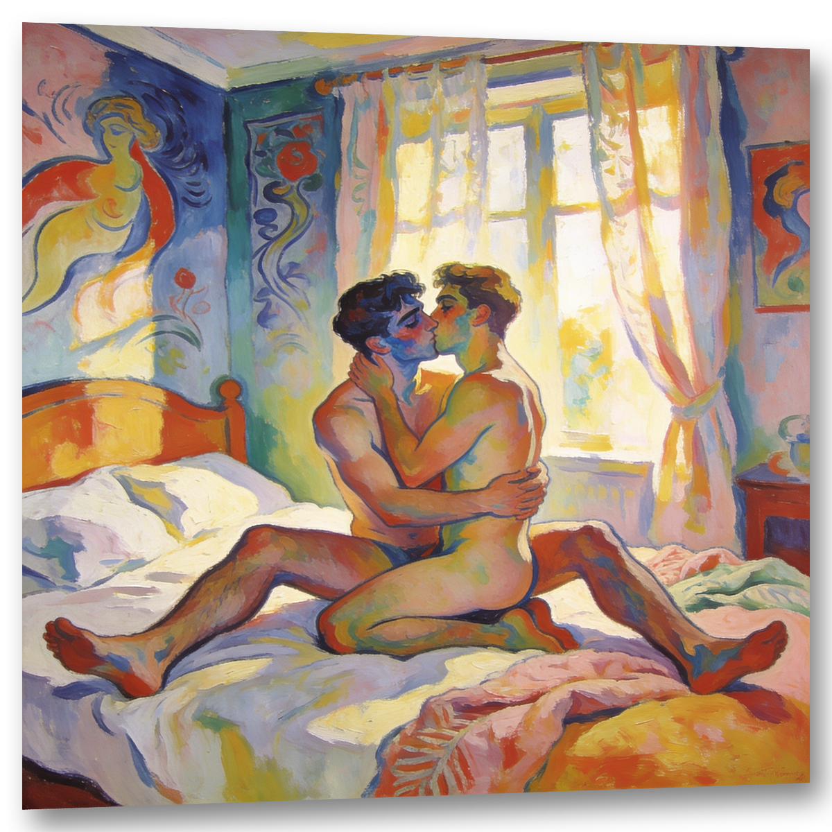 Schräge Ansicht des Wandbilds mit zwei nackten Männern beim Kuss auf einem Bett in einem lichtdurchfluteten Schlafzimmer in Gelb, Rosa und Blau.