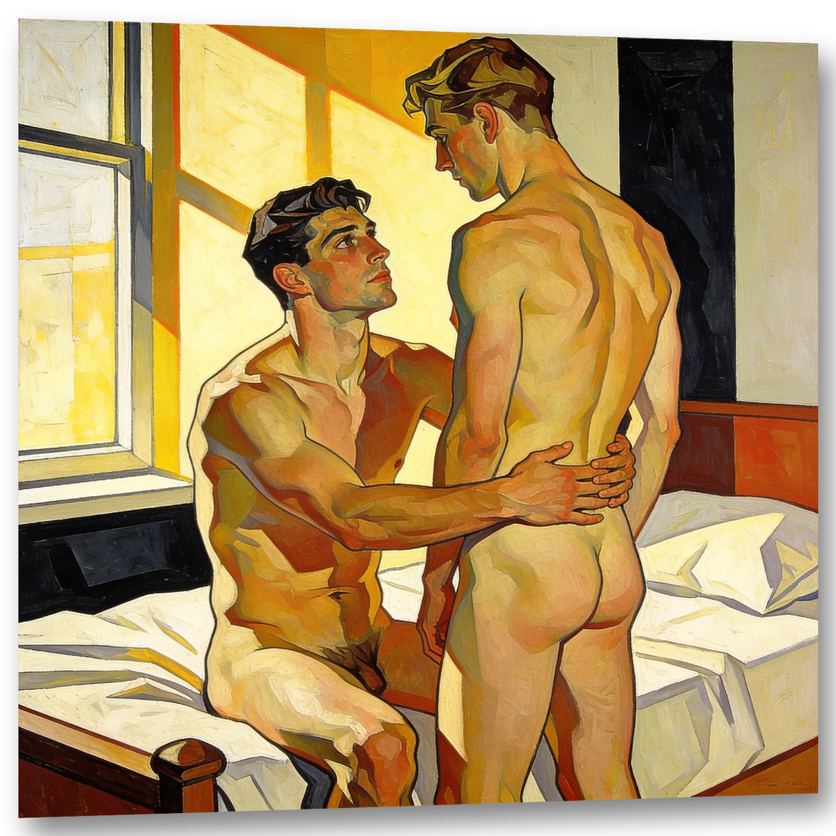 Schräge Ansicht des Wandbilds im Picasso-Stil mit zwei nackten schwulen Männern am Bett, in warmen Gelb- und Ockertönen.