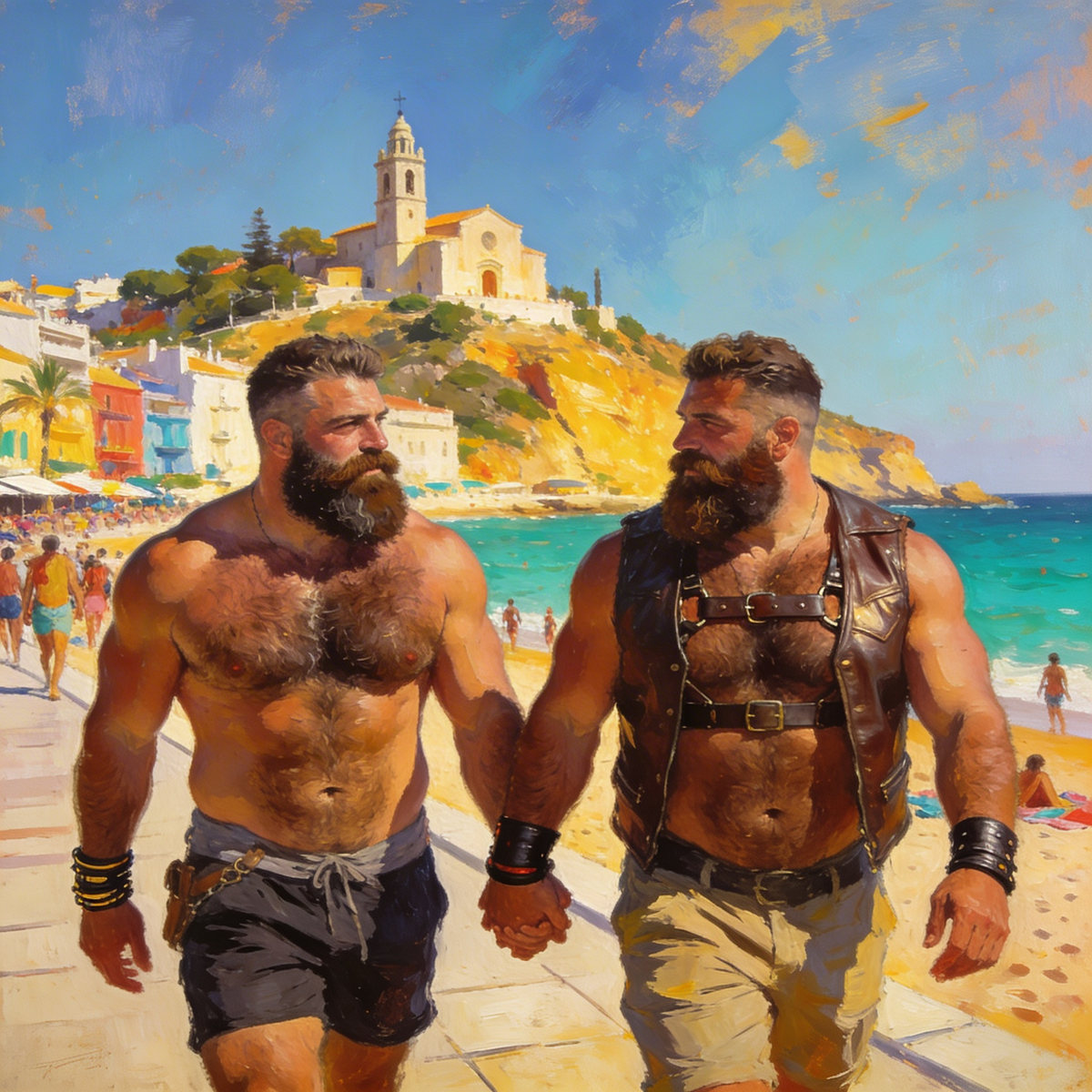 Zwei schwule Bären mit vollen Bärten und behaarten Oberkörpern gehen Hand in Hand an der Strandpromenade von Sitges. Ein Mann trägt Lederweste und Brustharness.