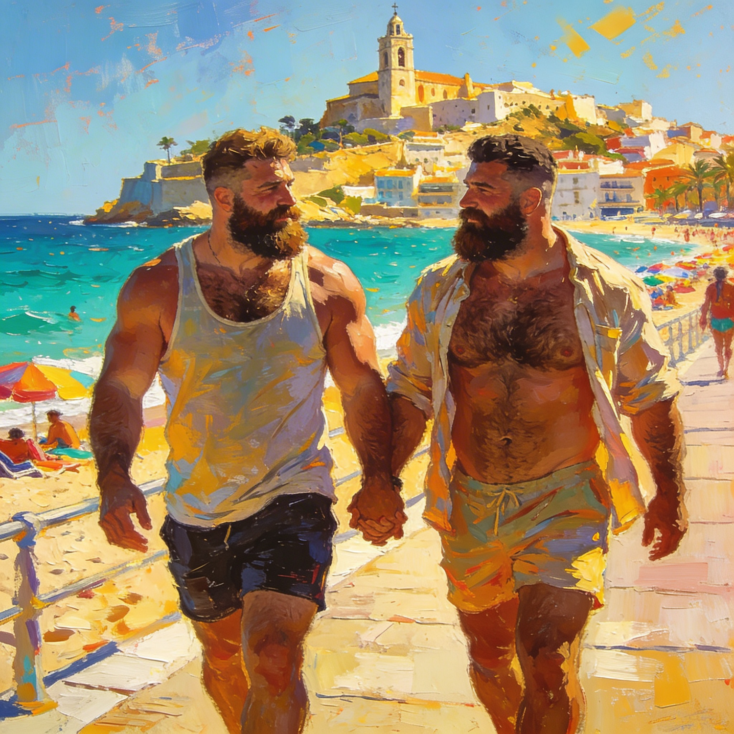 Zwei schwule Bären gehen Hand in Hand an der Strandpromenade von Sitges und sehen einander an. Ein Mann trägt ein helles Tanktop, sein Partner ein offenes Sommerhemd.