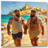 Produktansicht: Schräge Ansicht des Wandbilds mit zwei schwulen Bären beim Spaziergang in Sitges, gemalt in leuchtenden Gelb- und Türkistönen.