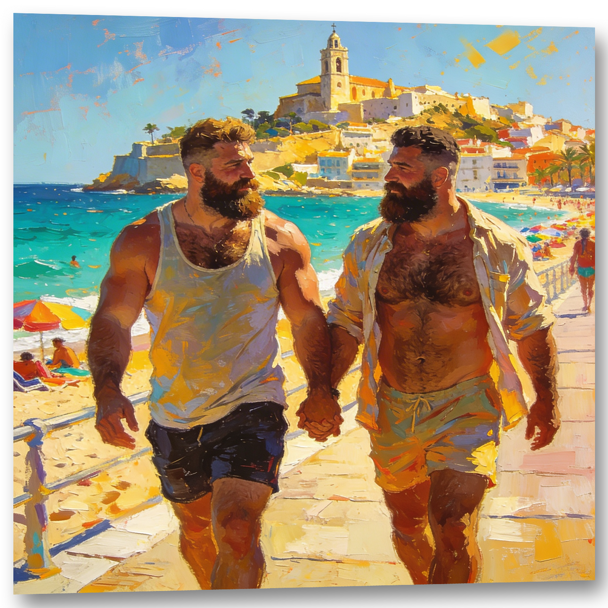 Produktansicht: Schräge Ansicht des Wandbilds mit zwei schwulen Bären beim Spaziergang in Sitges, gemalt in leuchtenden Gelb- und Türkistönen.