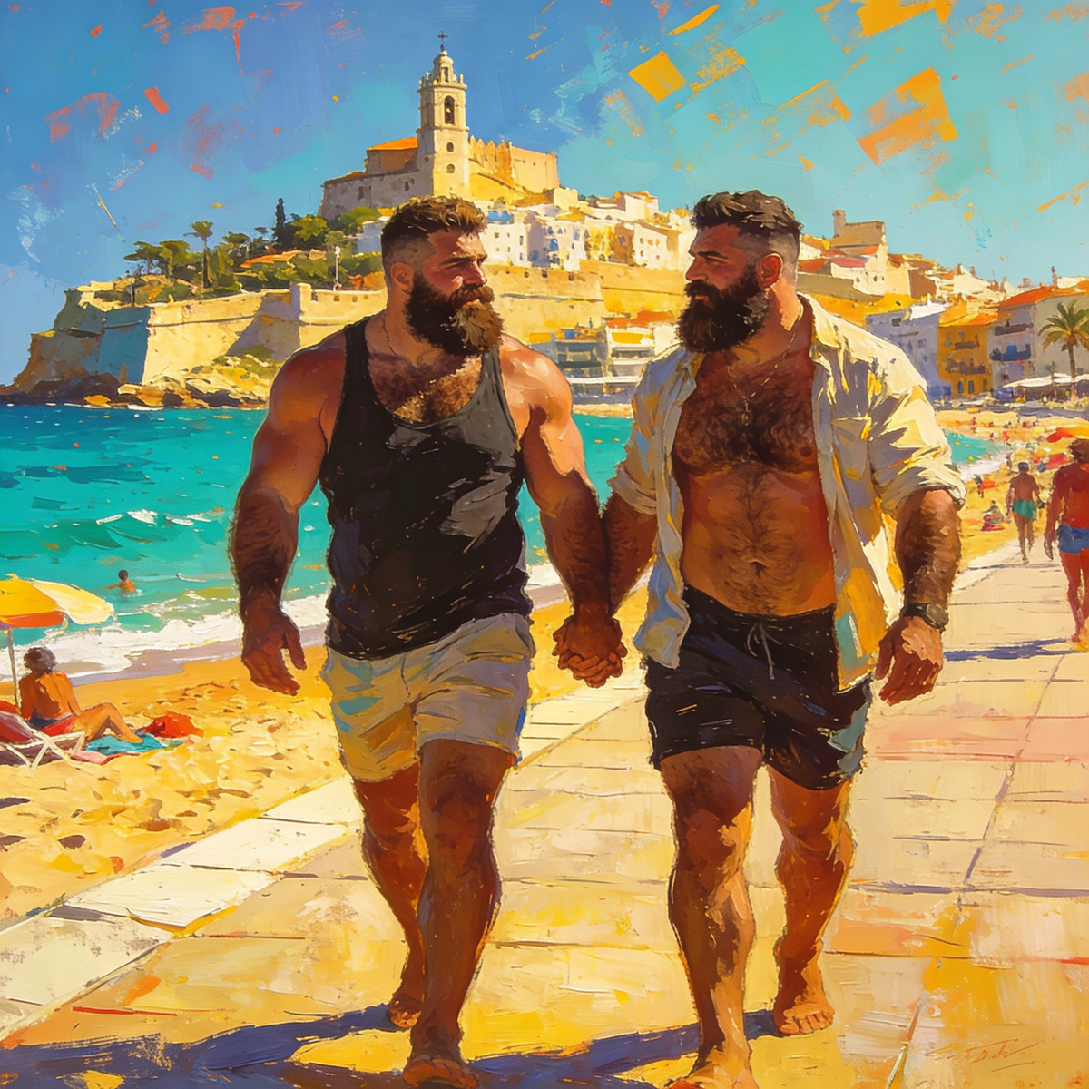 Zwei schwule Bären gehen barfuß und Hand in Hand an der Strandpromenade von Sitges. Schwarzes Tanktop, offenes helles Hemd und behaarte Männerkörper im Sonnenlicht.