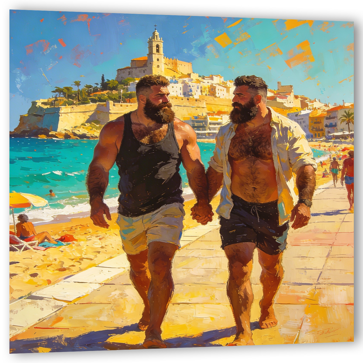 Produktansicht: Schräge Ansicht des Wandbilds mit zwei schwulen Bären beim barfüßigen Spaziergang in Sitges, in warmem Goldgelb und leuchtendem Türkis.