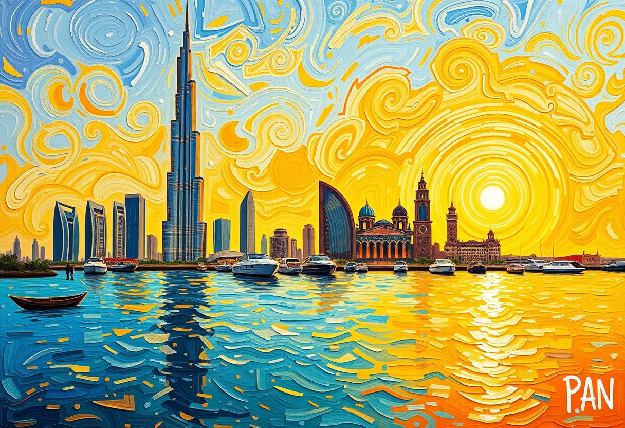 Dubai Skyline - Van Gogh Stil - Goldener wirbelnder Himmel - Burj Khalifa - leinwand Wandbild

