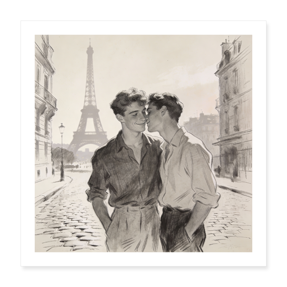 Zwei Männer in inniger Verbundenheit in Paris - Nostalgischer Schwarz-Weiß Stil 1950er - Poster 40x40 cm - Gay Art Paris
