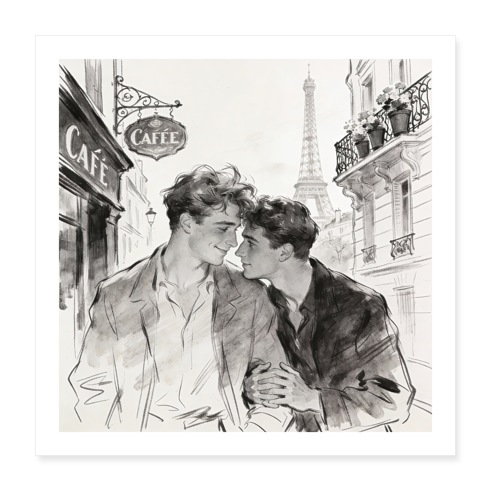 Zwei Männer Arm in Arm vor Pariser Café - Nostalgischer Schwarz-Weiß Aquarell-Stil - Poster 40x40 cm - Gay Art Paris
